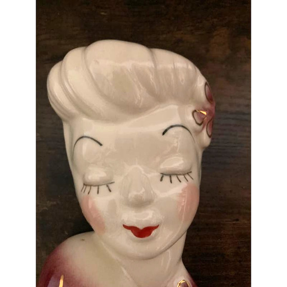 1950's Pin-up Lady WALL Pocket Planter - Red Lips Glam Girl Head Vase - Picture 4 of 6